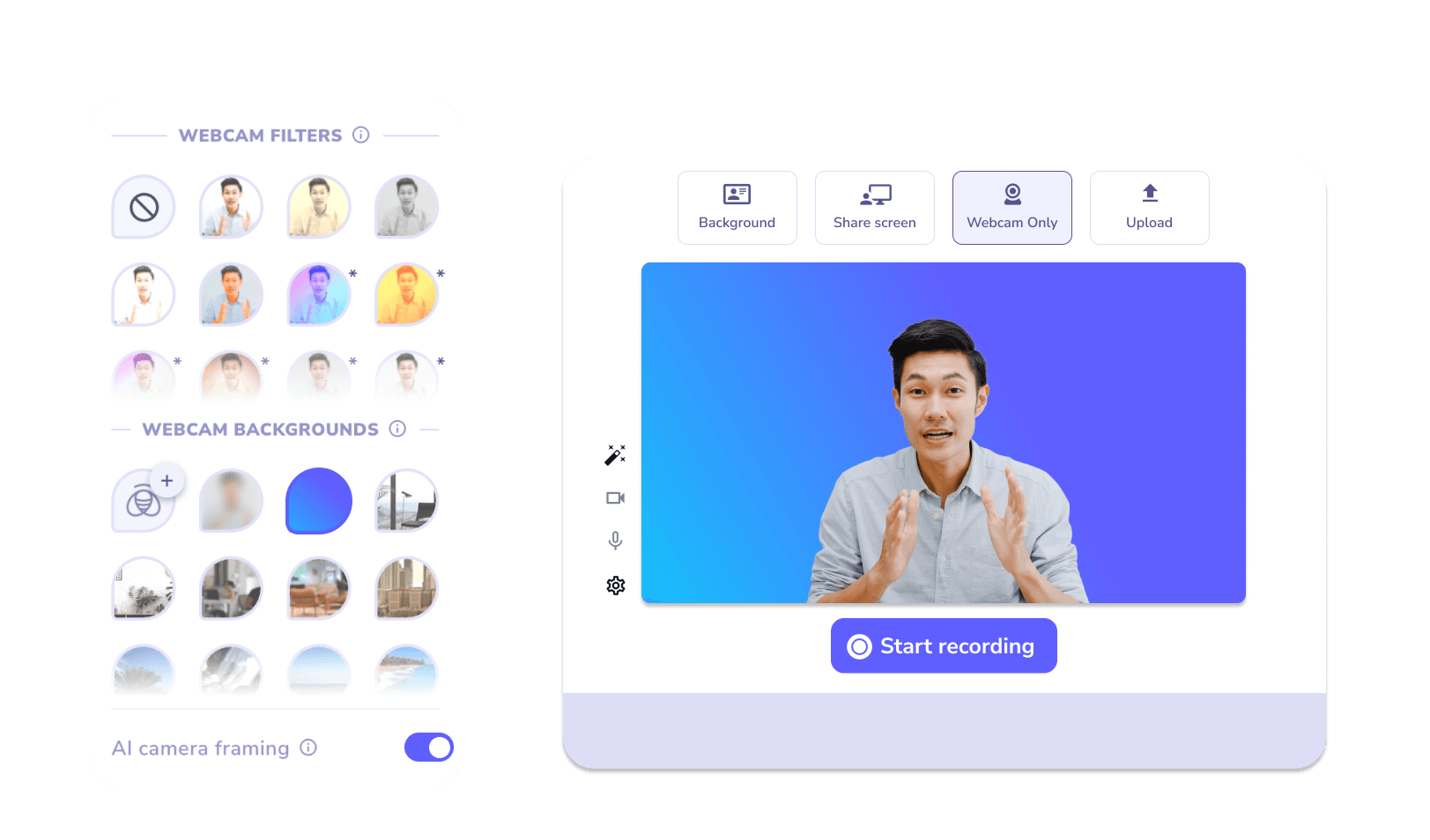 Create howto videos with webcam, filters, screen share, and video upload.