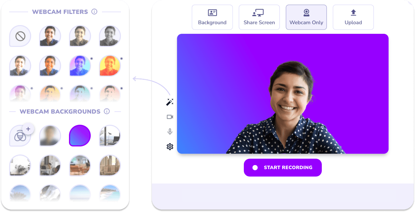 Create how-to videos with webcam, filters, screen share, and video upload.