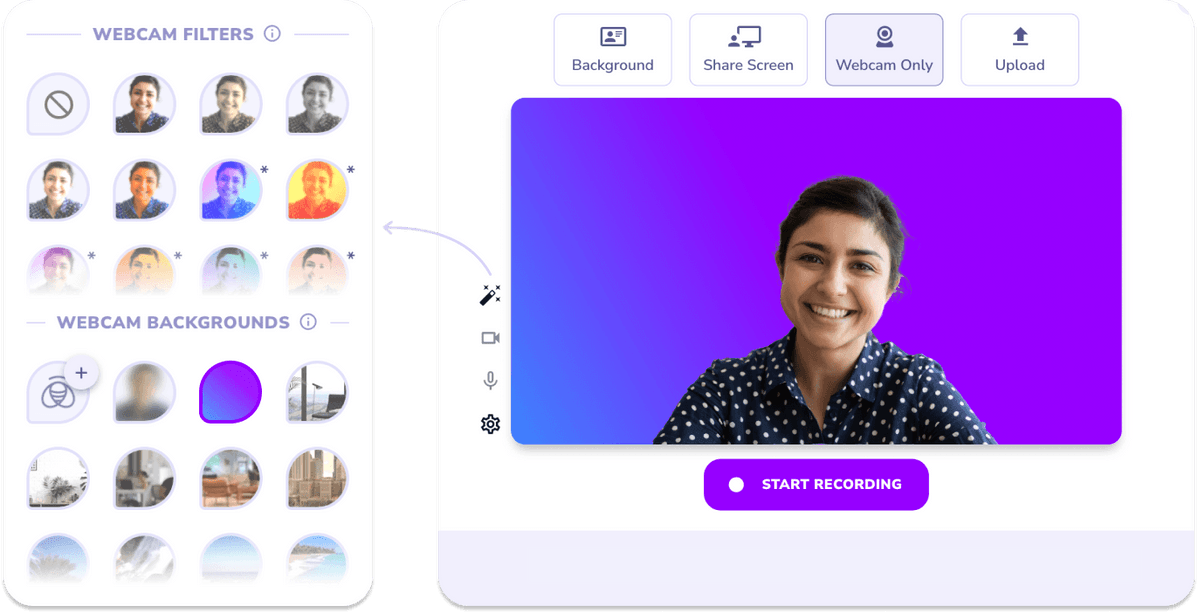 Web Camera Filters Create how-to videos with webcam, filters, screen share, and video upload.